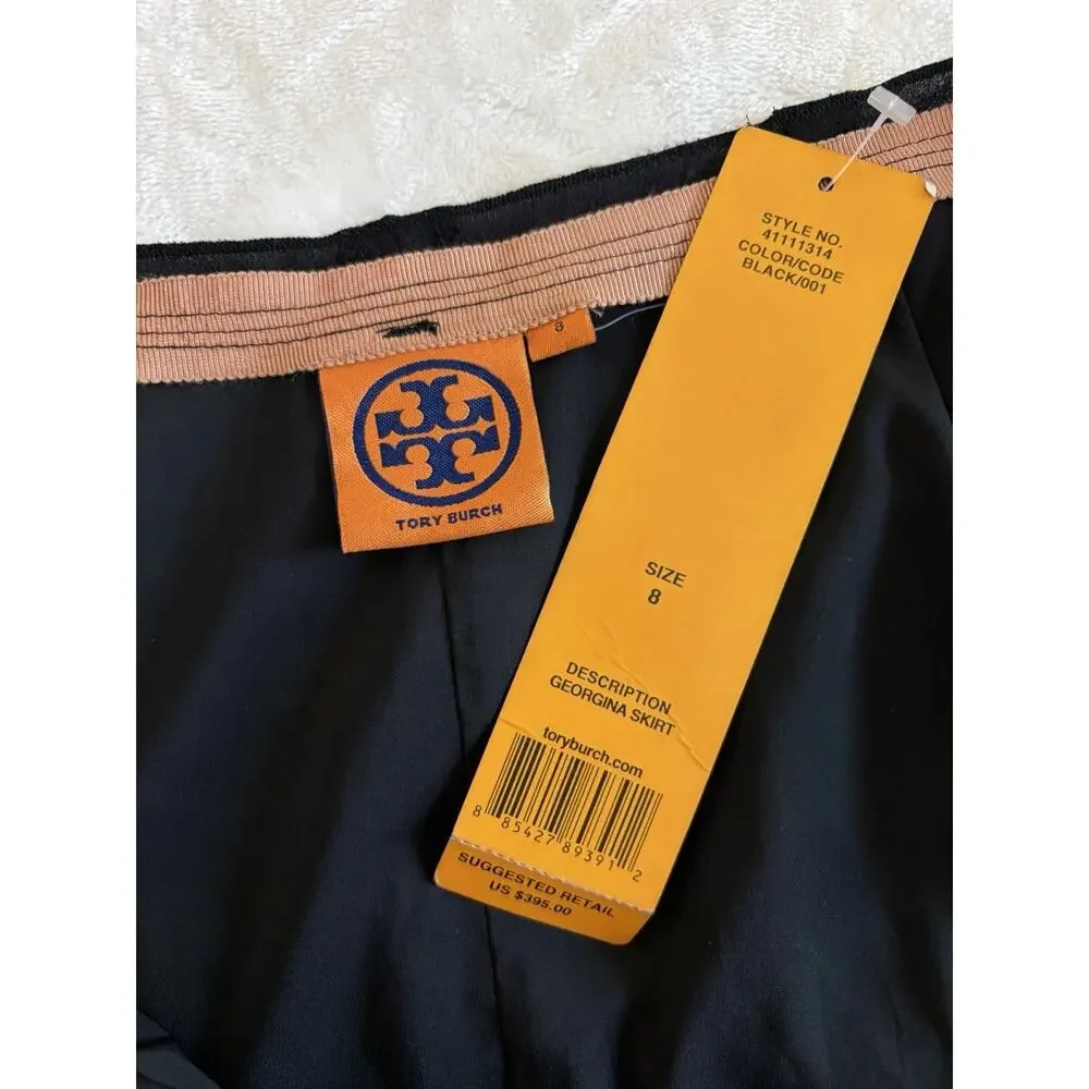 NWT Tory Burch Size 8 Georgina 100% Silk Black Pleated Knee Length Skirt $395
